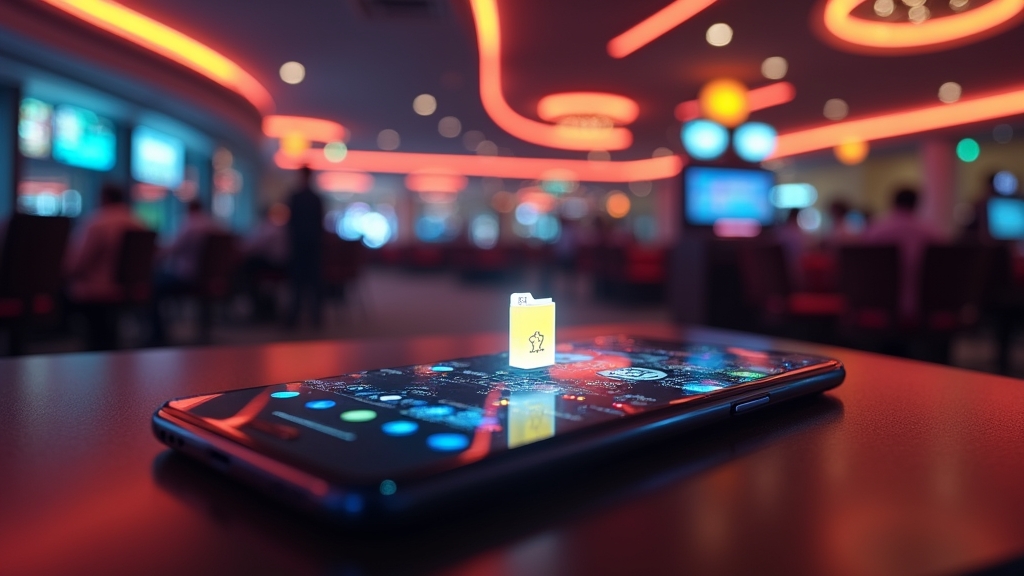 Android phone downloading a casino app in a dark neon setting
