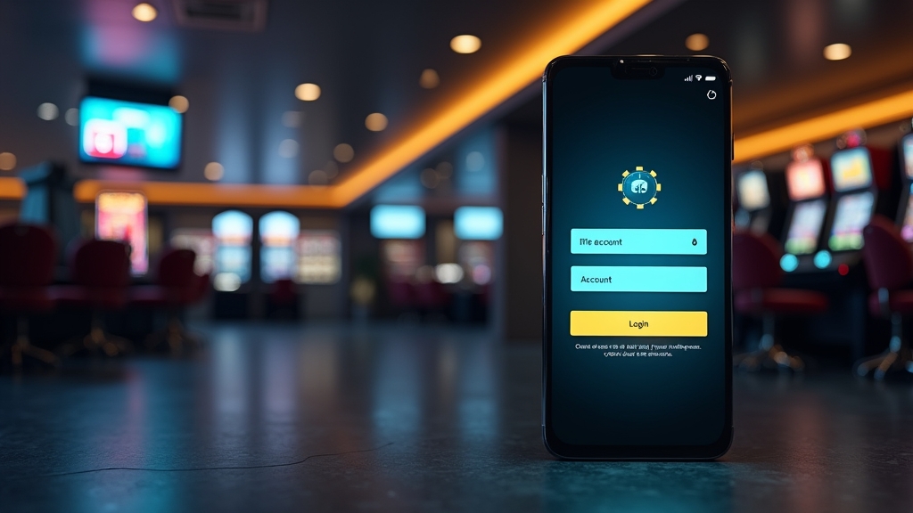 Casino login screen on desktop and phone in a dark neon-lit lobby