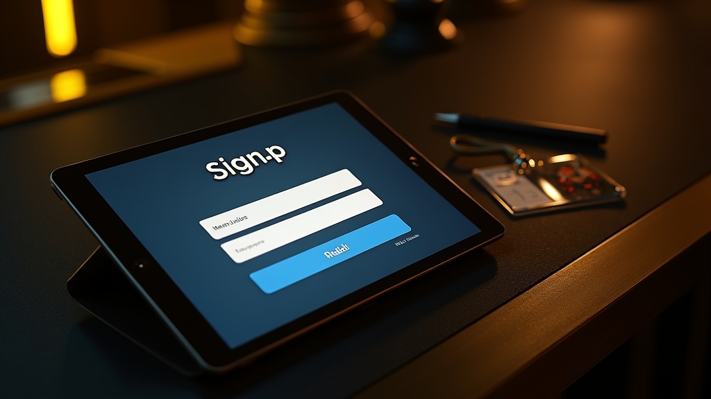 Casino registration form on a tablet in a dark neon-lit setting