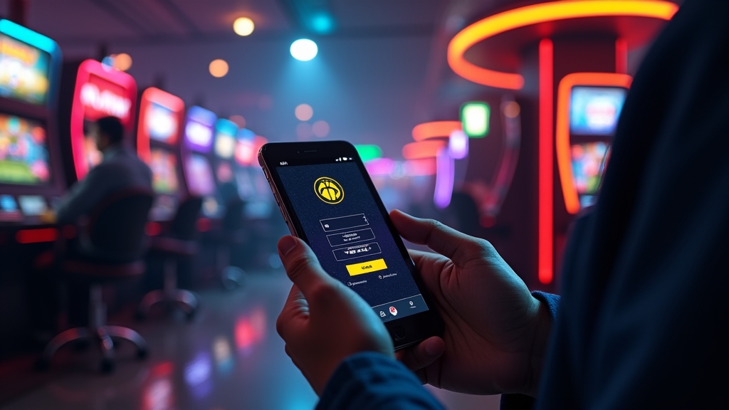 Person logging in on a phone and tablet inside a dark neon casino
