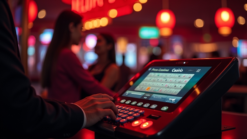 A neon casino cashier with promo code entry and bonus icons