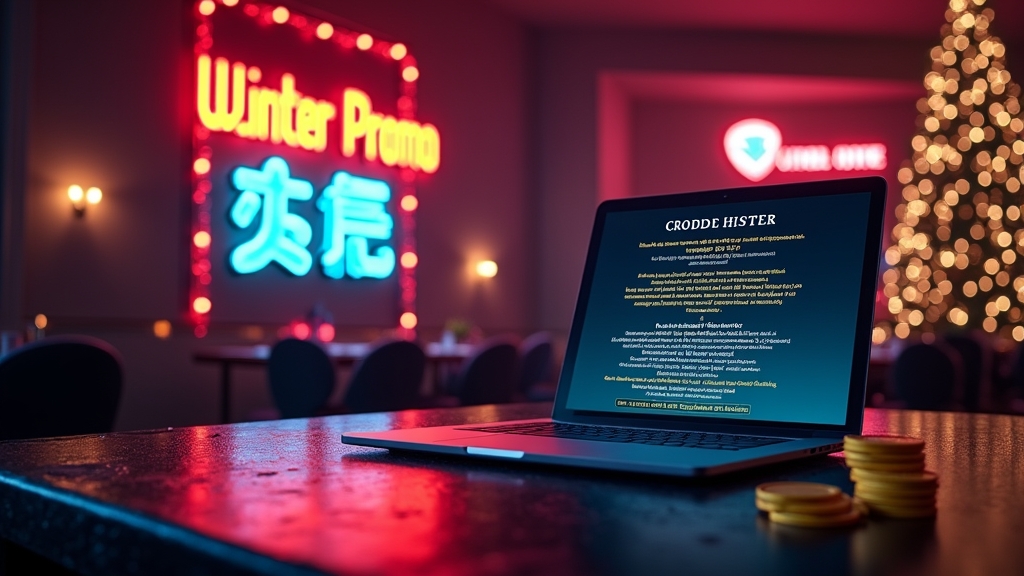 A festive casino promo screen with holiday code banner and bonus terms