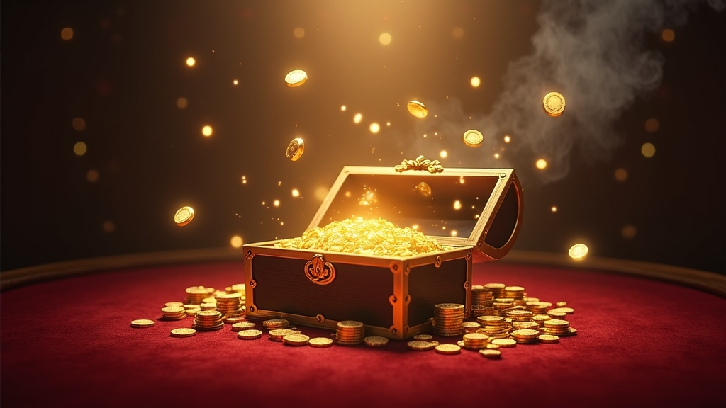 Glowing treasure boxes with bonus chips and free-spin icons in a casino setting
